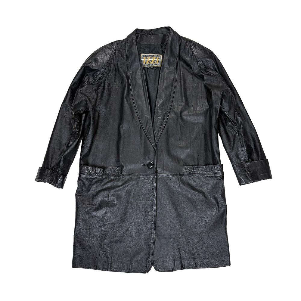 IZZI Leather Jacket VTG Women S Black Longline Coat Oversized 80s 90s